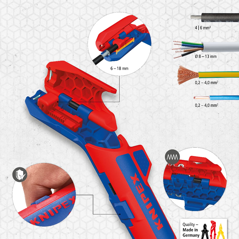 Stripping PV cables made easy – KNIPEX ErgoStrip® PV 16 95 03 SB! This stripping tool is made for installers and electricians who strip PV cables with 4 and 6 mm² every