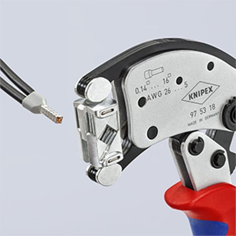 KNIPEX Twistor16® Pince à sertir auto-ajustable pour embouts de câble Avec tête de sertissage rotative | 97 53 18