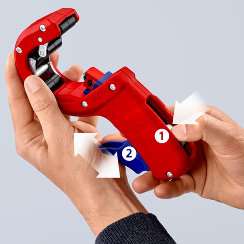 KNIPEX DPT50 Cortador de tubos para tubos de plástico de paredes espessas, também com núcleo de espuma Corte e chanfradura em uma etapa | 90 23 02 BK
