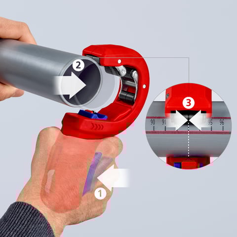 KNIPEX DPT50 Cortador de tubos para tubos de plástico de paredes espessas, também com núcleo de espuma Corte e chanfradura em uma etapa | 90 23 02 BK