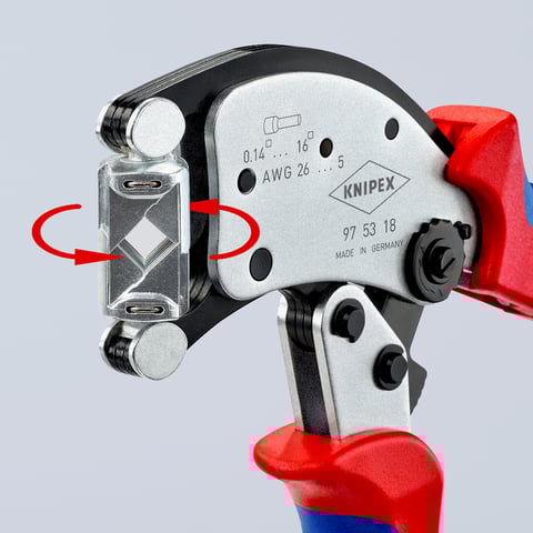 KNIPEX Twistor16® Pince à sertir auto-ajustable pour embouts de câble Avec tête de sertissage rotative | 97 53 18