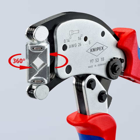 KNIPEX Twistor16® Selbsteinstellende Crimpzange für Aderendhülsen Mit drehbarem Crimpkopf | 97 53 18
